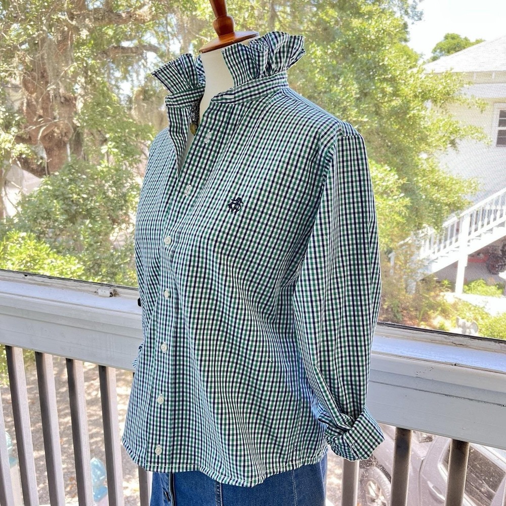 Upcycled Re-worked Brooks Bros Green Navy Micro Check Ruffle Collar Crop Shirt M - Picture 4 of 11